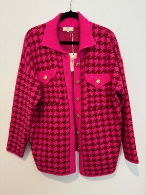 Entro Pink Houndstooth Print Cardigan Sweater Oversized